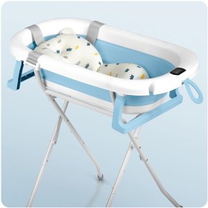 Ricokids Wanienka składana dla dzieci, niemowląt ze stelażem, termometrem i wkładką RK-287 biało-niebieska 9