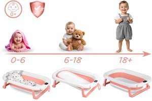 Ricokids Wanienka składana dla dzieci, niemowląt ze stelażem, termometrem i wkładką RK-287 biało-różowa 15