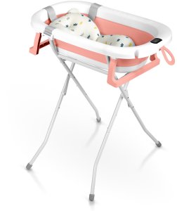 Ricokids Wanienka składana dla dzieci, niemowląt ze stelażem, termometrem i wkładką RK-287 biało-różowa 2