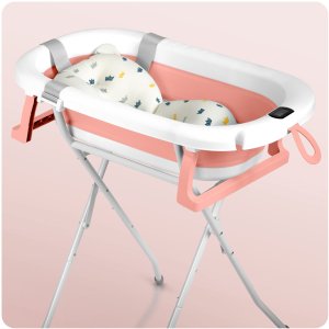 Ricokids Wanienka składana dla dzieci, niemowląt ze stelażem, termometrem i wkładką RK-287 biało-różowa 9