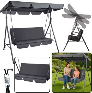 Huśtawka Trzyosobowa Ogrodowa Bujana Poduszki Materac Szara 2