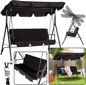 Huśtawka Trzyosobowa Ogrodowa Bujana Poduszki Materac Czarna 2
