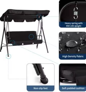 Huśtawka Trzyosobowa Ogrodowa Bujana Poduszki Materac Czarna 5