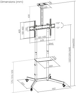 Stand / wózek do TV Maclean, półka na kamerę, na kółkach, 37-70", max. obciążenie 45kg/5kg półka, max. VESA 600x400, MC-113 B 8