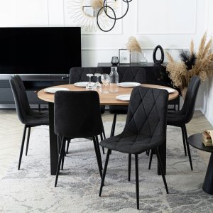 Zestaw Stół Rozkładany Kuchenny Krzesło Komplet Tapicerowane Czarne 6x 2