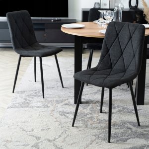 Zestaw Stół Rozkładany Kuchenny Krzesło Komplet Tapicerowane Czarne 6x 6