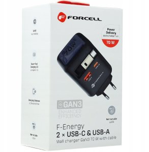 Ładowarka sieciowa do telefonu Forcell F-Energy GaN USB C + USB A + zwijany kabel USB C PD QC4.0 3A 70W VT-R7 szara 11