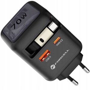 Ładowarka sieciowa do telefonu Forcell F-Energy GaN USB C + USB A + zwijany kabel USB C PD QC4.0 3A 70W VT-R7 szara 2