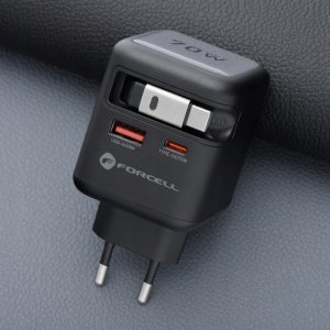 Ładowarka sieciowa do telefonu Forcell F-Energy GaN USB C + USB A + zwijany kabel USB C PD QC4.0 3A 70W VT-R7 szara 3