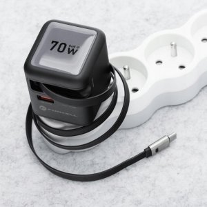 Ładowarka sieciowa do telefonu Forcell F-Energy GaN USB C + USB A + zwijany kabel USB C PD QC4.0 3A 70W VT-R7 szara 5