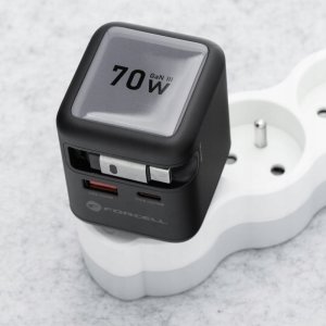 Ładowarka sieciowa do telefonu Forcell F-Energy GaN USB C + USB A + zwijany kabel USB C PD QC4.0 3A 70W VT-R7 szara 6