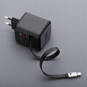Ładowarka sieciowa do telefonu Forcell F-Energy GaN USB C + USB A + zwijany kabel USB C PD QC4.0 3A 70W VT-R7 szara 7