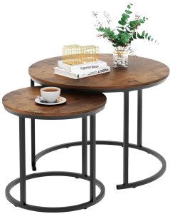 Zestaw Okrągłe Stoliki Kawowe 2w1 Vintage Naturalne Drewno 70x50cm 45x44cm 3