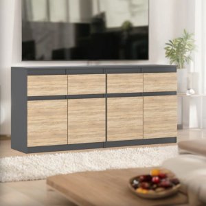 Komoda Z 4 Szufladami Nowoczesna Pojemne Drzwiczki Szafka Szara Dąb Sonoma 3