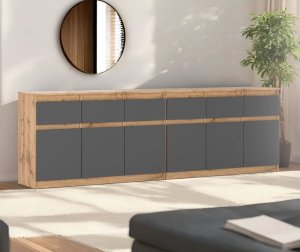 Komoda Drewniana Szafka 6 Szuflad Nowoczesna Salon Loft Dąb Wotan Szary Mat 2