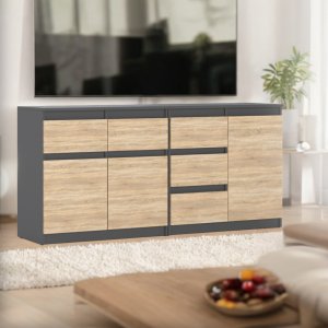 Duża Komoda Szafka 160cm 5 Szuflad Nowoczesna Salon Szary Mat Dąb Sonoma 2