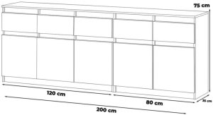 Komoda Do Salonu Pokoju Młodzieżowego Z 5 Szufladami 200cm Szara Biała Mat 2