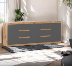 Komoda Nowoczesna Do Salonu Sypialni 6 Szuflad 200cm Dąb Wotan Szary Mat 2