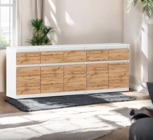 Komoda Do Sypialni 200cm 5 Szuflad Szafka Młodzieżowa Biała Mat Dąb Wotan 2