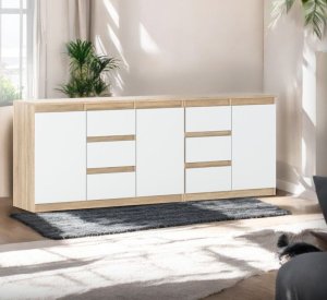 Komoda Wysoka Z 6 Szufladami 200cm Do Salonu Sypialni Sonoma Biały Połysk 2