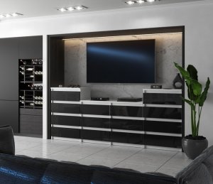 Meblościanka Komoda Pojemna Szafka Nowoczesna Rtv 220cm Biały Czarny Połysk 2