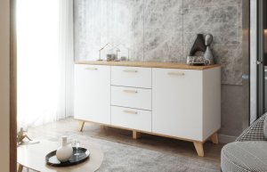 Komoda Biała Z Drewnem Olivier 150cm Pojemna Szafka Rtv Z 3 Szufladami 3