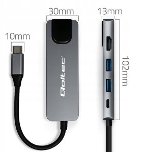 HUB USB Qoltec HUB Adapter USB-C 5w1 | USB-C PD 100W | 2xUSB | HDMI 4K | RJ45 5