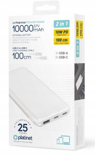 PLATINET POWER BANK 10000 mAh 3,7V 37Wh 12W 2x USB-C 1x USB-A WHITE [46079] 12