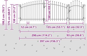 vidaXL Brama Ogrodowa z ostrym szczytem, szara 150x400 cm, stalowa 6