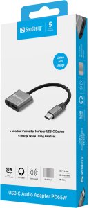 Adapter USB Sandberg USB-C - Jack 3.5mm + USB-C Srebrny  (USB-C Audio Adapter PD65W) 3