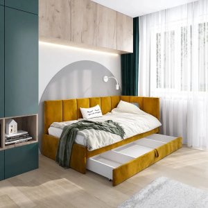 Łóżko młodzieżowe AURA 2 120x200 curry z tapicerowanym panelem L i szufladą MKPOL 2