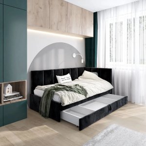 Łóżko młodzieżowe AURA 2 120x200 czarne z tapicerowanym panelem L i szufladą MKPOL 2