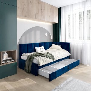 Łóżko młodzieżowe AURA 2 100x200 granatowe z tapicerowanym panelem L i szufladą MKPOL 2