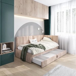 Łóżko młodzieżowe AURA 2 100x200 beżowe z tapicerowanym panelem L i szufladą MKPOL 2