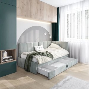 Łóżko młodzieżowe AURA 2 120x200 jasno szare z tapicerowanym panelem L i szufladą MKPOL 2