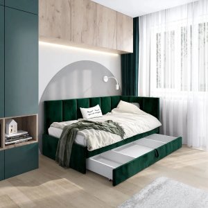Łóżko młodzieżowe AURA 2 120x200 zielone z tapicerowanym panelem L i szufladą MKPOL 2
