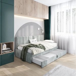 Łóżko młodzieżowe SORA 2 120x200 jasne szare z tapicerowanym panelem i szufladą MKPOL 2