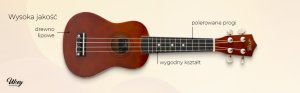 Zestaw: Ukulele sopranowe Max UKEY brązowe+ tuner dwie kostki struny pokrowiec one size 15