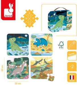 Janod Puzzle progresywne w walizce Dinozaury 4 układanki  6, 9, 12 i 16 elementów 2+, Made in France (stary indeks: J02657) 4