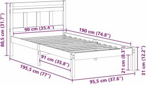 vidaXL Ramka łóżka Biały 90 x 190 cm Lite drewno sosnowe 10