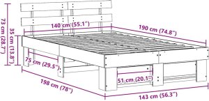 vidaXL Ramka łóżka Z zagłówkiem Biały 140 x 190 cm Lite drewno sosnowe 10