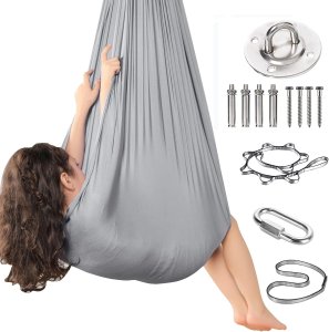 HUŚTAWKA SENSORYCZNA TERAPEUTYCZNA DLA DZIECI HAMAK 280x150cm 100kg Szara 5