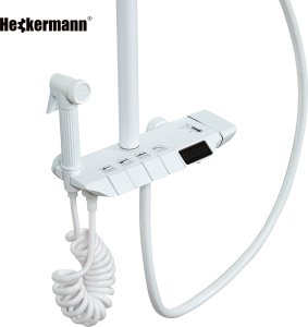 Biały zestaw prysznicowy Heckermann LS06 kolumna natryskowa z baterią termostat deszczownica 4w1 11