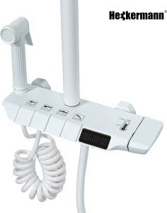 Biały zestaw prysznicowy Heckermann LS06 kolumna natryskowa z baterią termostat deszczownica 4w1 14