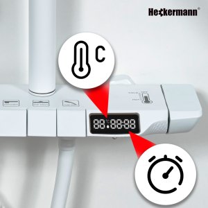 Biały zestaw prysznicowy Heckermann LS06 kolumna natryskowa z baterią termostat deszczownica 4w1 2