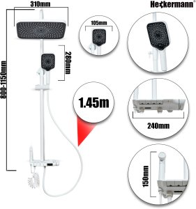 Biały zestaw prysznicowy Heckermann LS06 kolumna natryskowa z baterią termostat deszczownica 4w1 3
