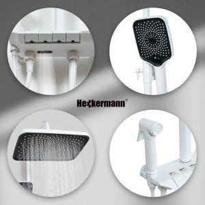Biały zestaw prysznicowy Heckermann LS06 kolumna natryskowa z baterią termostat deszczownica 4w1 4