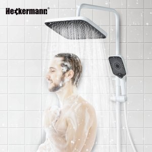 Biały zestaw prysznicowy Heckermann LS06 kolumna natryskowa z baterią termostat deszczownica 4w1 6