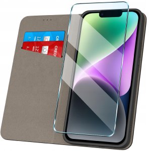 Etui z klapką do iPhone 14 Zamykane Czarne Futerał + Szkło 9H 2