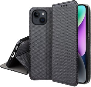Etui z klapką do iPhone 14 Zamykane Czarne Futerał + Szkło 9H 4